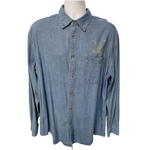 Vtg Foul Weather Gear Cold Storage Denim Long Sleeve Shirt Mens L Blue Alaska - Picture 1 of 11